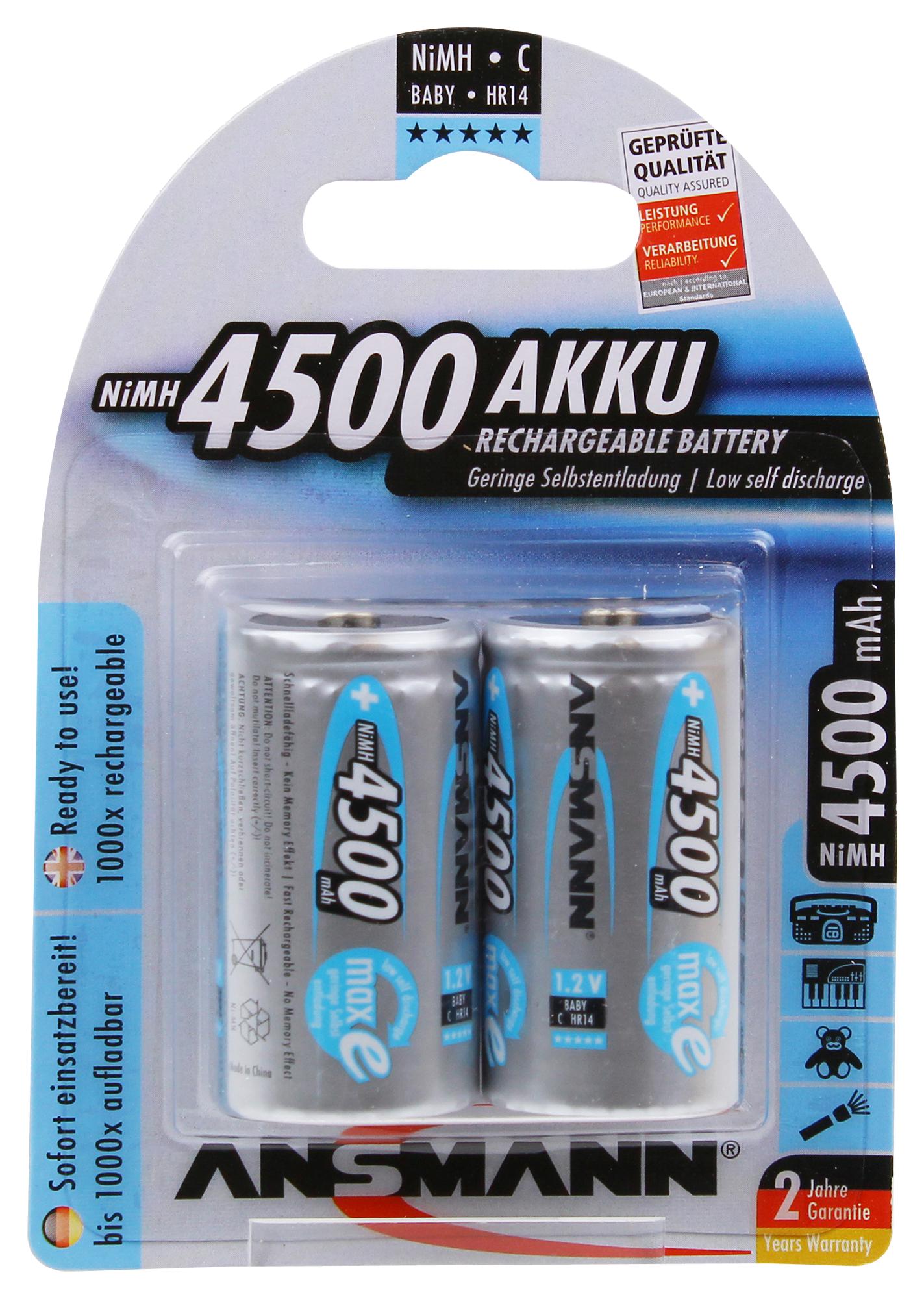 5035352 BATTERY,C,NI-MH,4.5AH,1.2V, PK2 ANSMANN