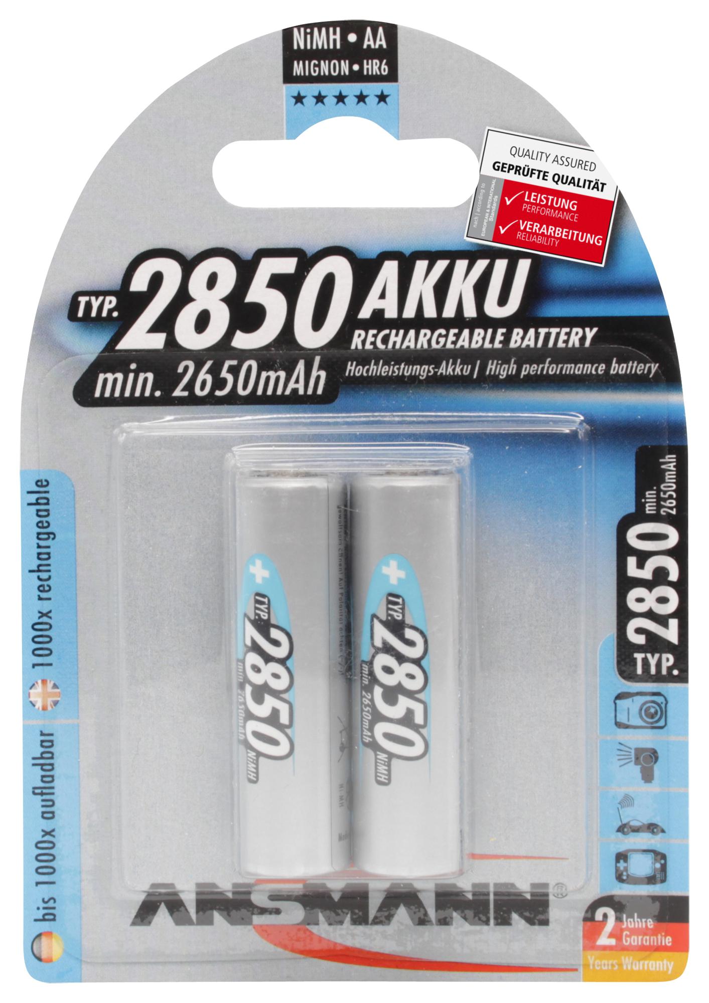 5035082 BATTERY,AA,NI-MH,2.85AH,1.2V, PK2 ANSMANN