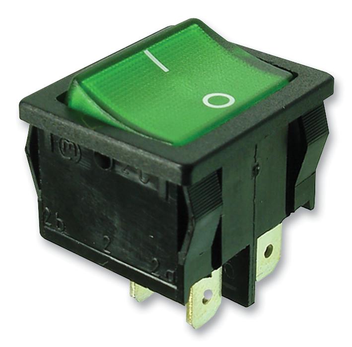 1805.7109-03 SWITCH, DPST, 10A, 250V, GREEN ILL., I/O MARQUARDT
