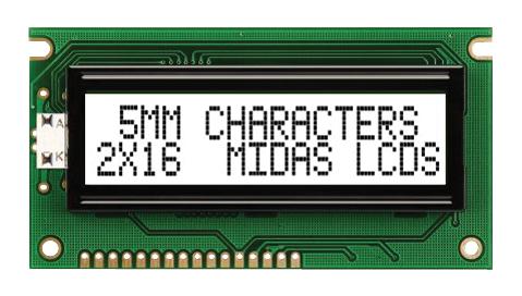 MC21605A6W-FPTLW-V2 DISPLAY, ALPHANUMERIC, 16X2, WHITE MIDAS