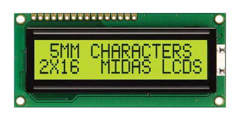 MC21605CY6W-SPTLY-V2 DISPLAY, ALPHANUMERIC, 16X2, YELLOW/GRN MIDAS