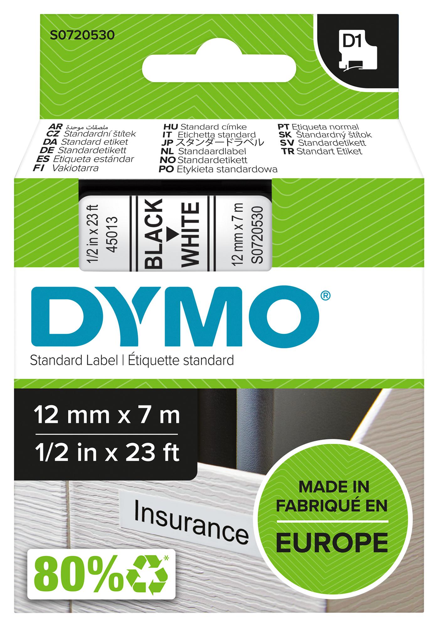 45013 TAPE, BLACK/WHITE, 12MM, S0721210 DYMO