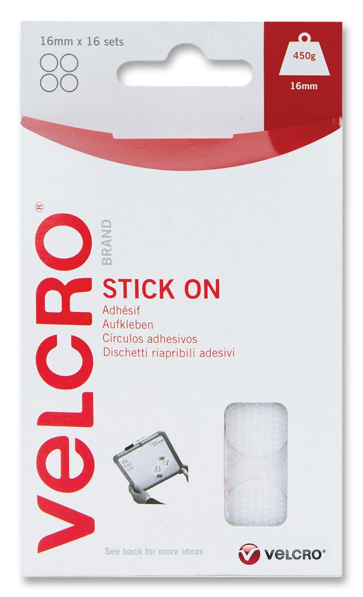 VEL-EC60227 STICK ON COIN, WHITE, 16MM, HOOK & LOOP VELCRO