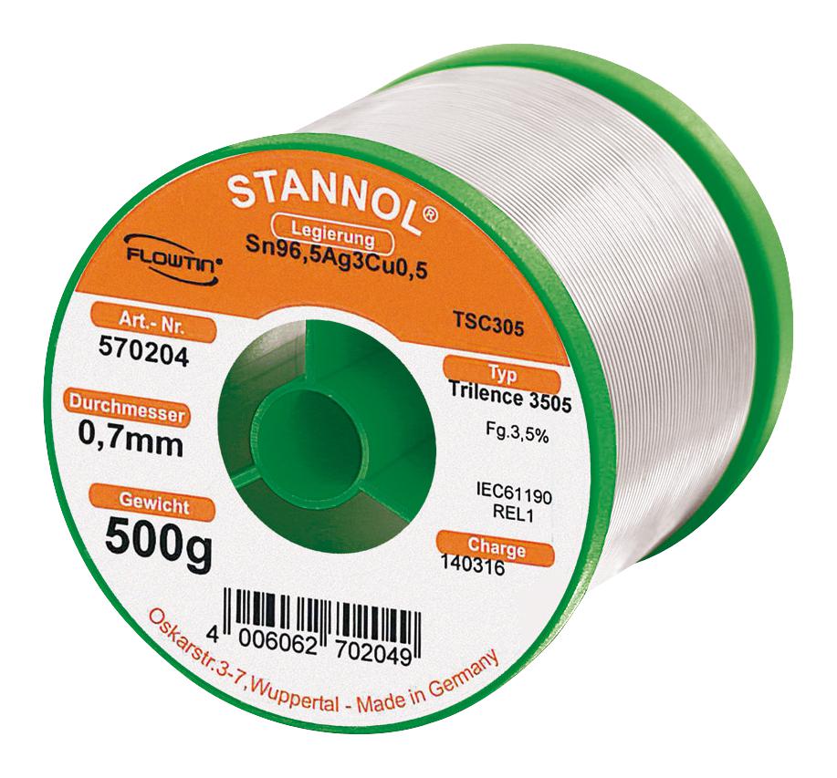 TRILENCE 3505 0.7MM REL1 SOLDER WIRE, 96.5/3/0.5 SN/AG/CU, 500G STANNOL