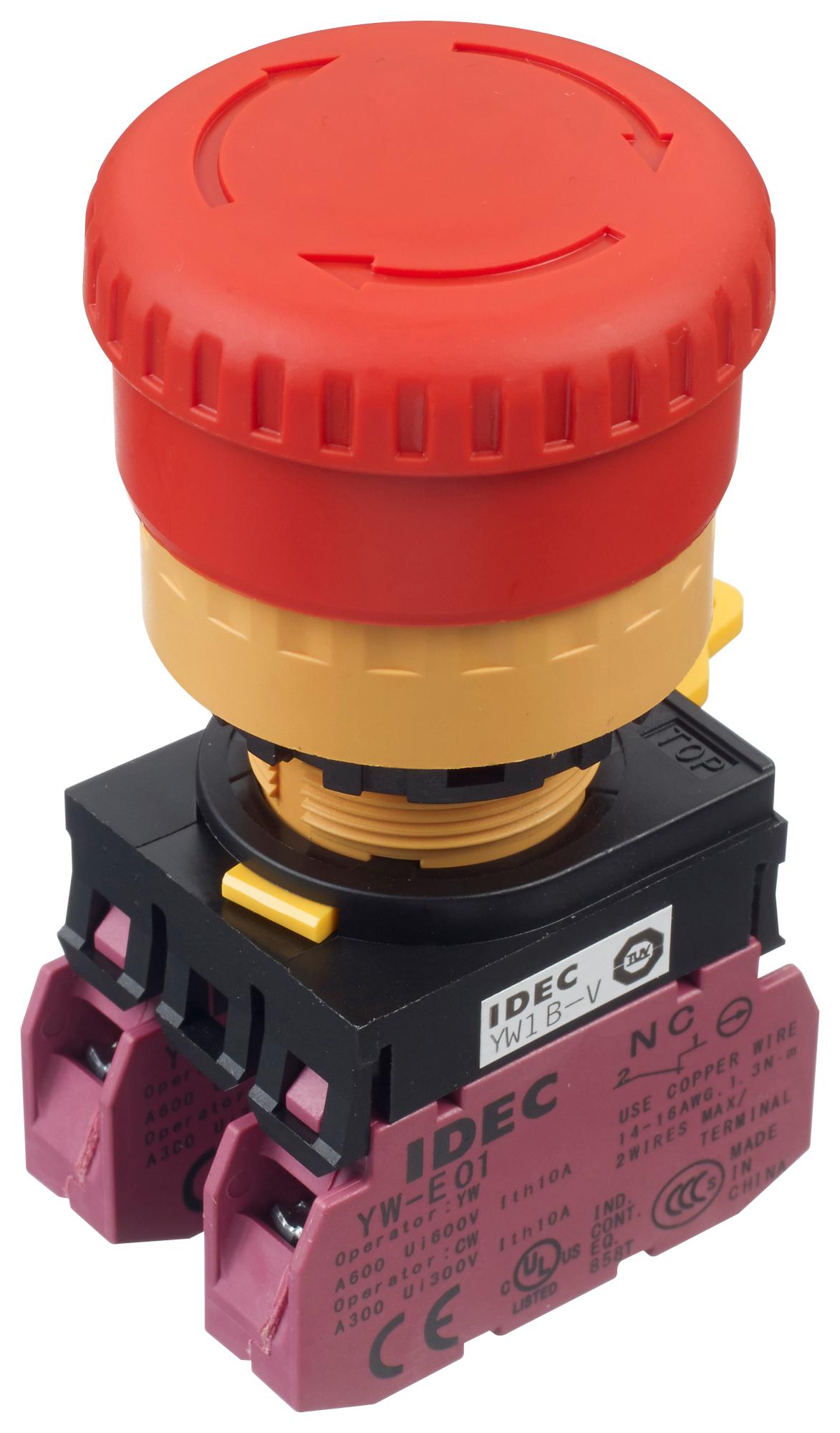 YW1B-V4E02R E-STOP PB SW, DPST-NC, 10A, 120V, SCREW IDEC