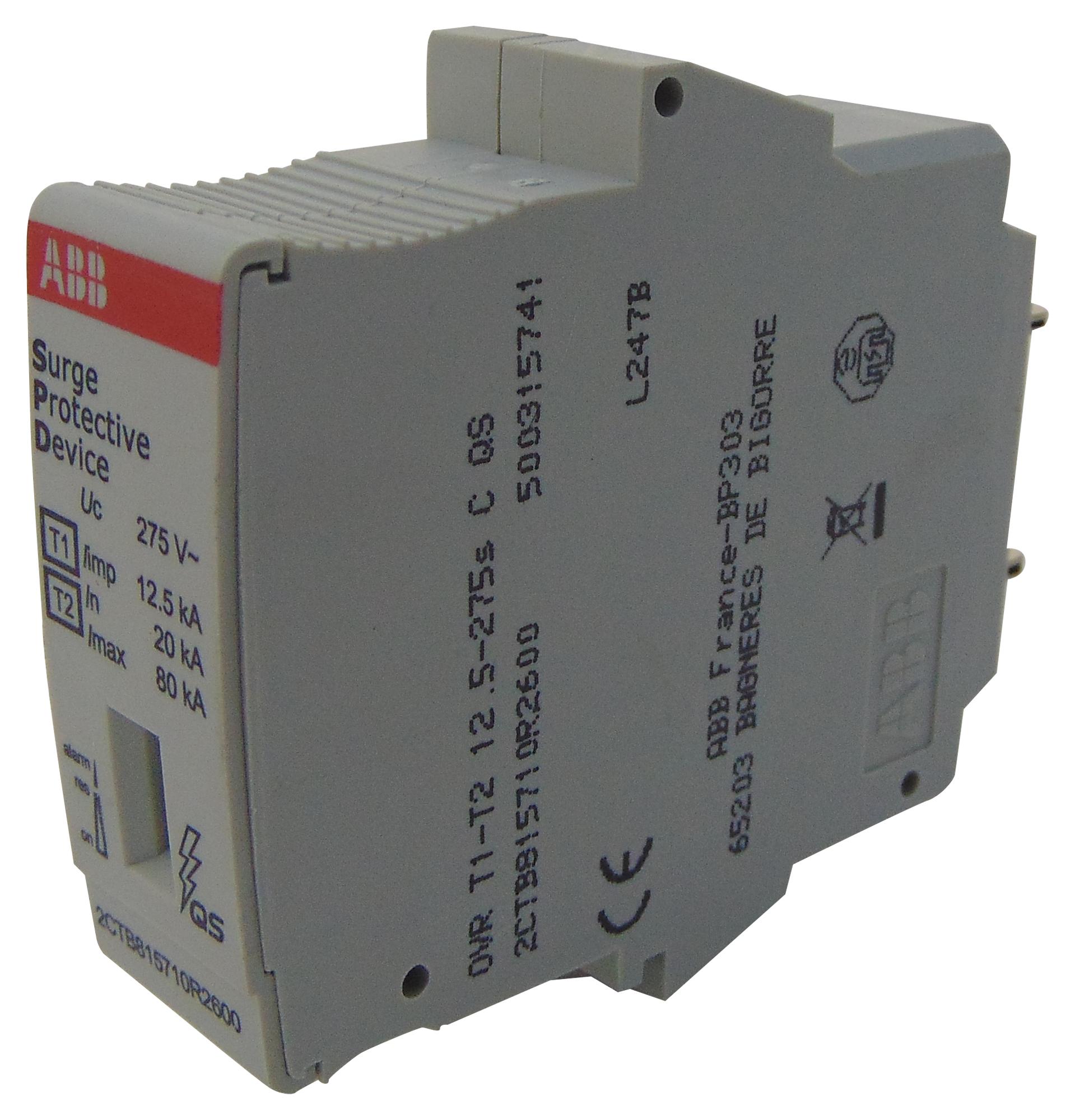 OVR T1-T2 12.5-275S C QS MAINS SURGE PROTECTOR, 275VAC, DIN RAIL ABB - SOULE