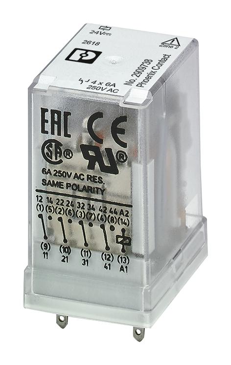 2909738 POWER RELAY, 4PDT, 24VDC, 6A, SOCKET PHOENIX CONTACT