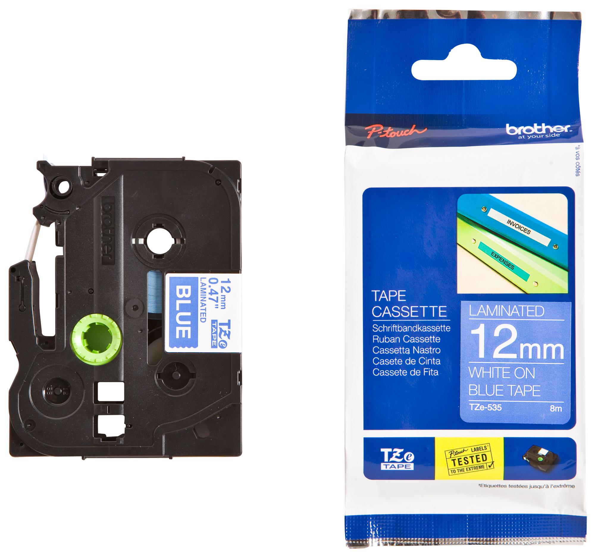 TZE-535 TAPE, WHITE ON BLUE, 12MM W, 8M L BROTHER