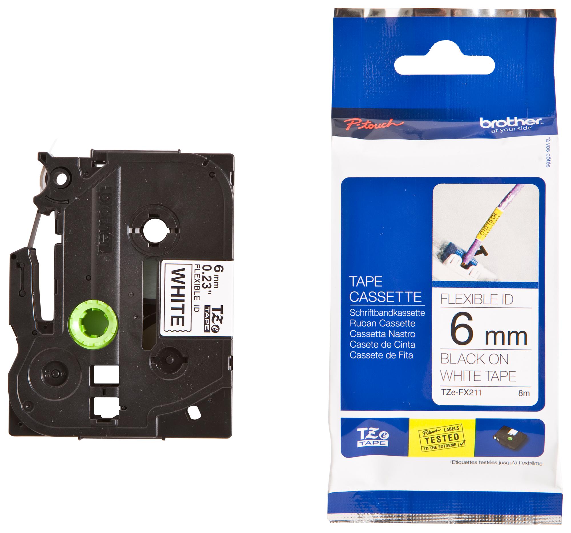TZE-FX211 TAPE, 6MM, BLACK/WHITE, FLEXIBLE BROTHER