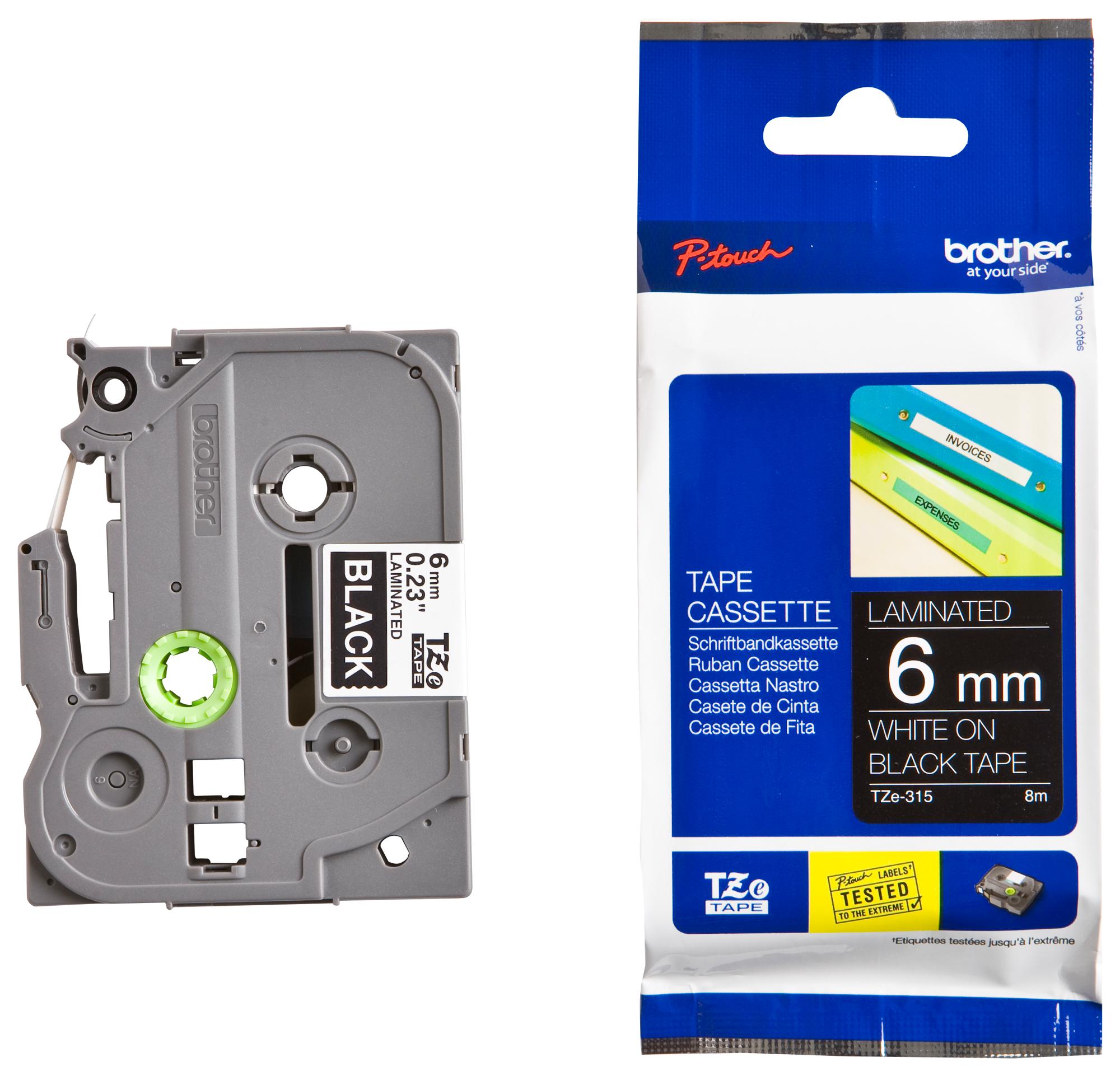 TZE-315 TAPE, WHITE ON BLACK, 6MM W, 8M L BROTHER