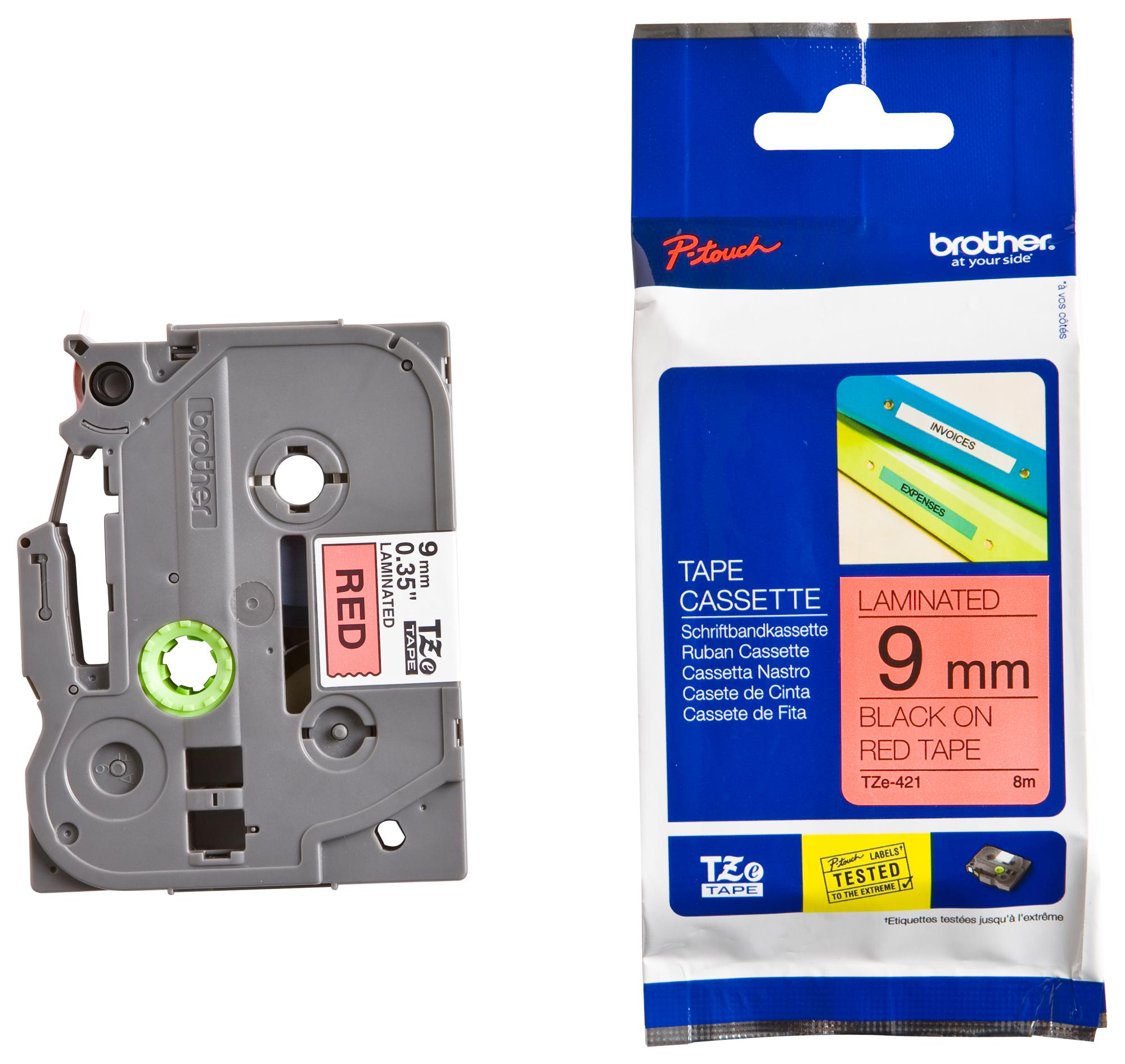 TZE-421 TAPE, BLACK ON RED, 9MM W, 8M L BROTHER
