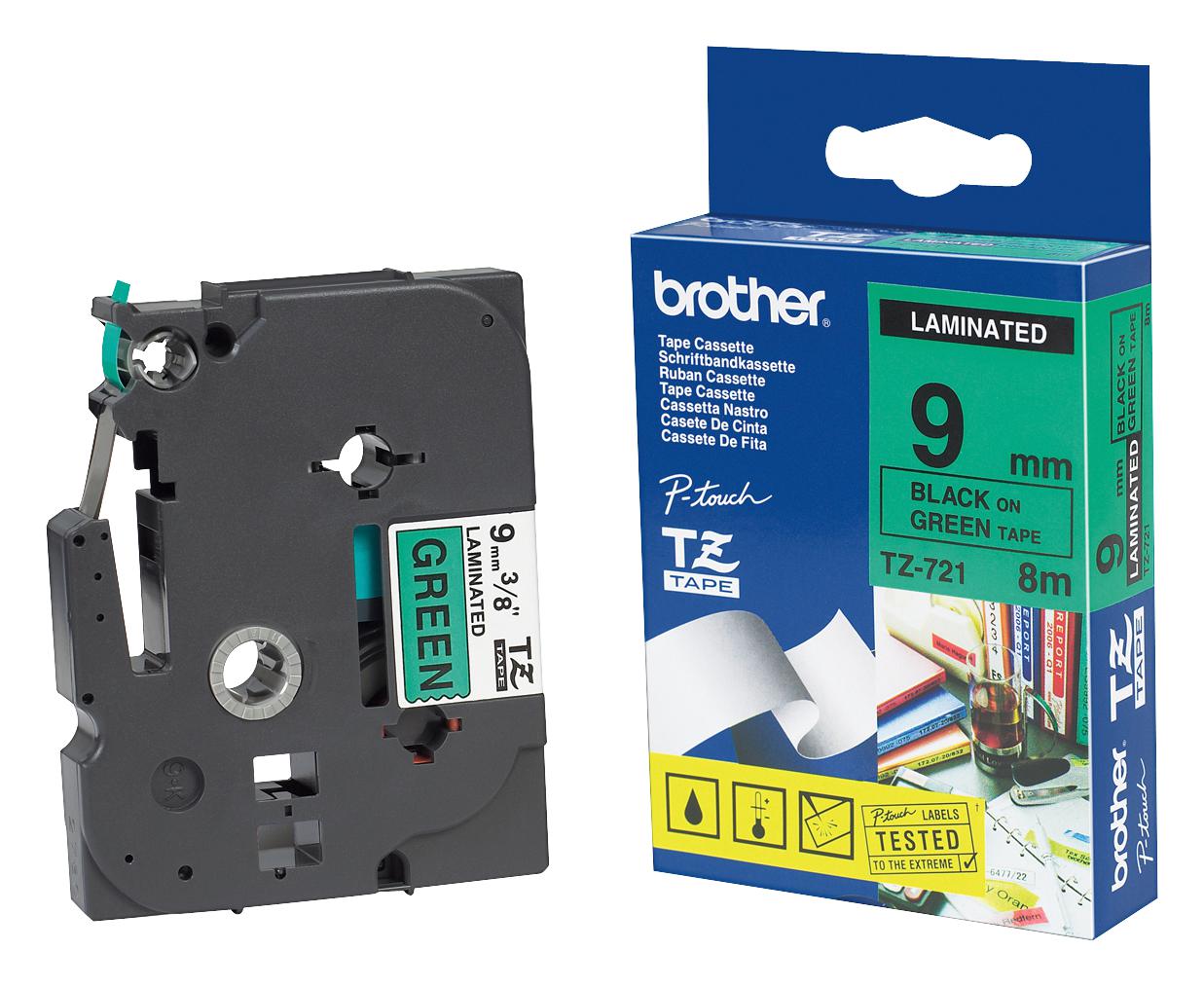 TZ-721 TAPE, BLACK ON GREEN, 9MM W, 8M L BROTHER