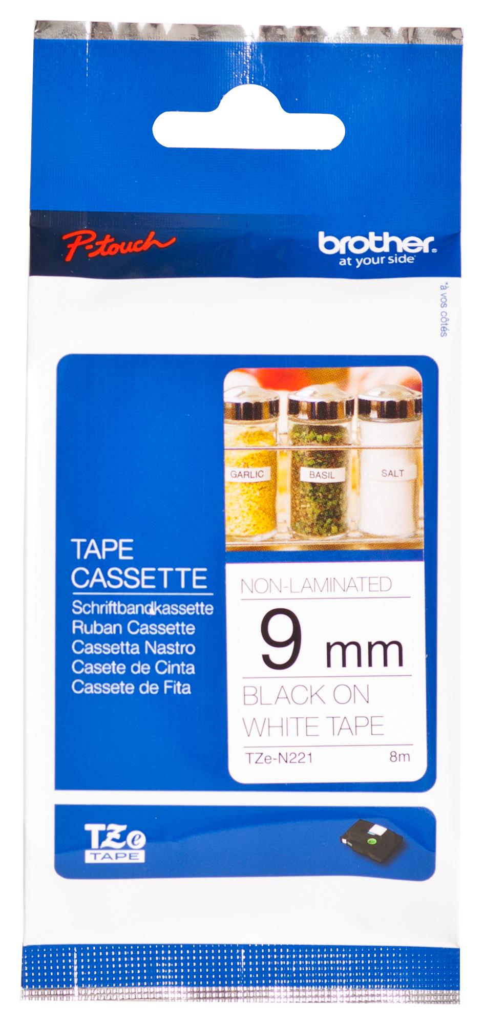 TZE-N221 TAPE, BLACK ON WHITE, 9MM W, 8M L BROTHER