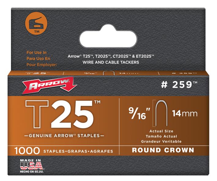 T25 9/16 STAPLE. STAPLES FOR T-25, 14MM (PK 1000) ARROW FASTENER