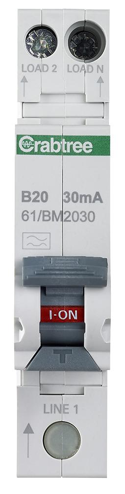 61/BM2030 20A 30MA RCBO SINGLE MODULE B CURVE CRABTREE