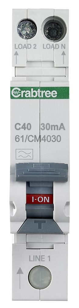 61/CM4030 40A 30MA RCBO SINGLE MODULE C CURVE CRABTREE