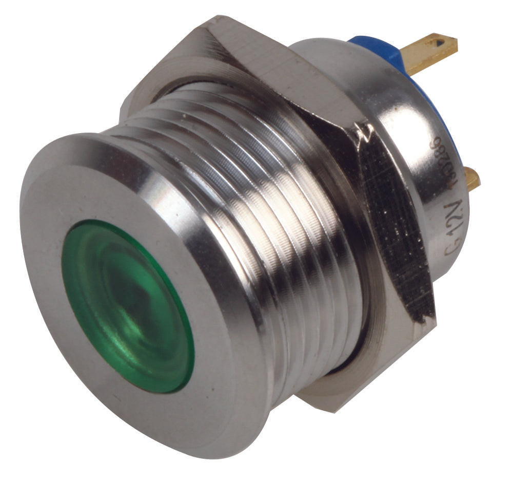 RJS01-19I-170P-G-BS-12V-67J LED INDICATOR, 19MM FLAT GRN 12V BR/ST RJS ELECTRONICS