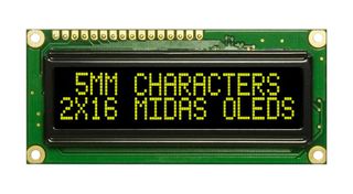MCOB21605G1V-EYS - Alphanumeric OLED, 16 x 2, Yellow on Black, 5V, SPI, English, Euro, Japanese, 5.55 mm - MIDAS
