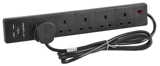 2068SU Blk Ext Lead 5 Gang With USB Blk 2m Pro Elec