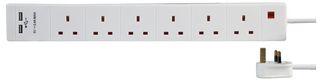 PEL00123 Extension 6 Gang 2 USB, White 5m Pro Elec
