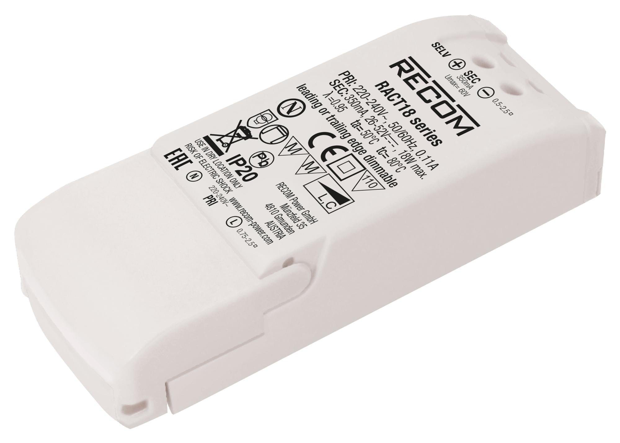 RECOM POWER LED Drivers / PSU RACT18-500 LED DRIVER, SINGLE O/P, CC MODE, 18W RECOM POWER 2777058 RACT18-500