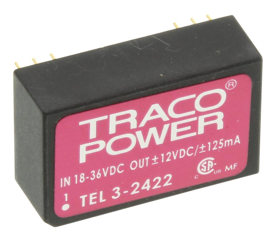TRACO POWER Isolated Board Mount TEL 3-2422 CONVERTER, DC-DC, +/-12V, 3W TRACO POWER 1204966 TEL 3-2422