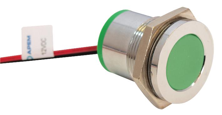 Q22F7CXXG24E INDIC FLUSH CHROME GREEN 24VDC,IP67 APEM
