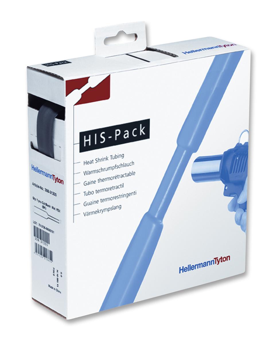 308-30150 SHRINK TUBING, HIS-3, 1.5MM, BLACK, 10M HELLERMANNTYTON