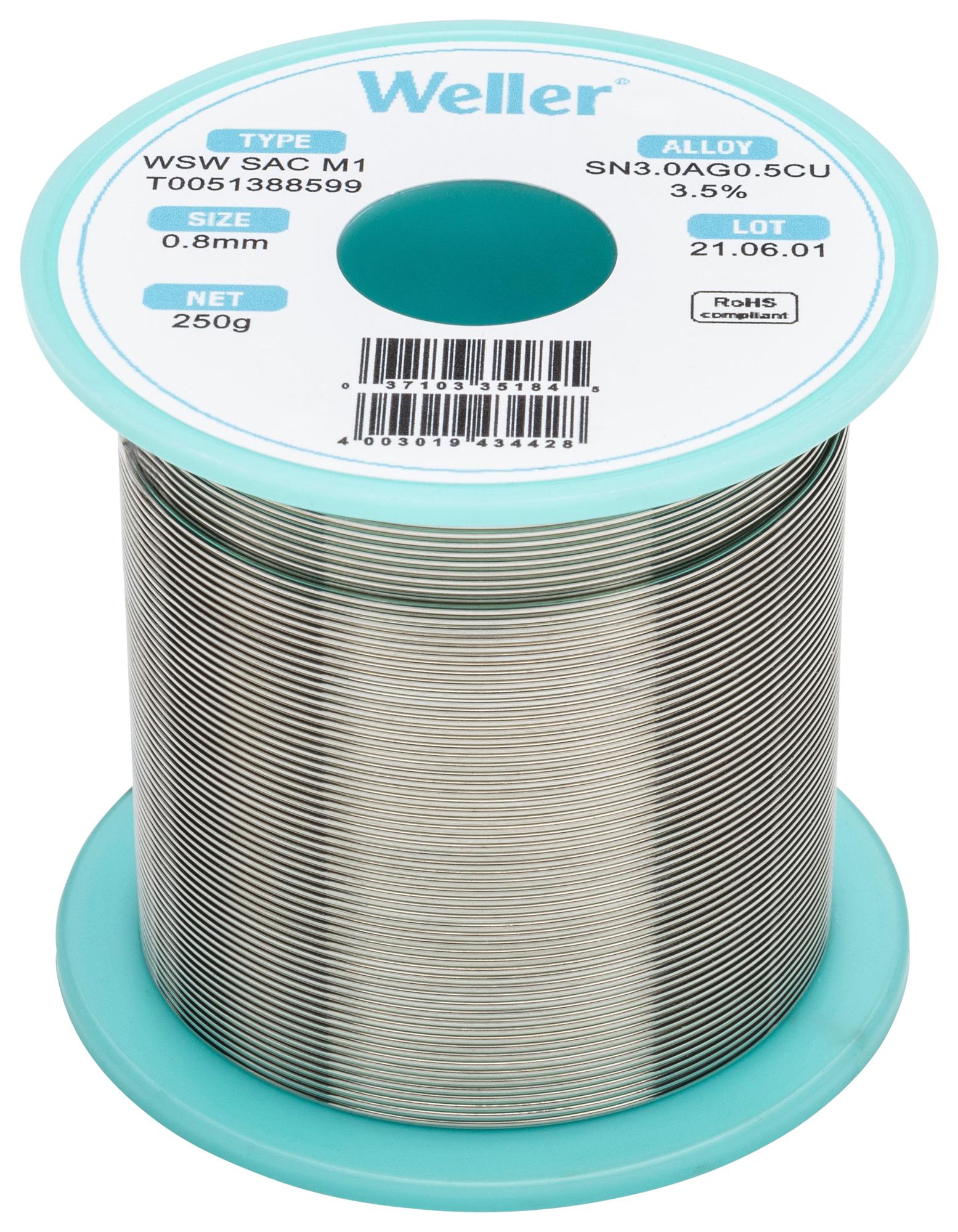 T0051388599 SOLDER, 96.5/3/0.5, 217 DEG, 0.8MM, 250G WELLER