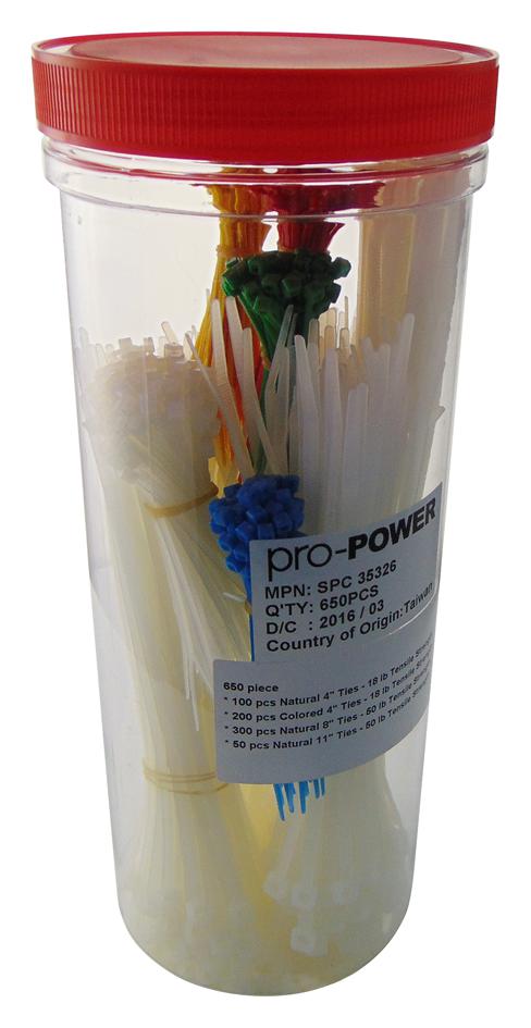 SPC35326. CABLE TIE ASSORTMENT, 650PCS PRO POWER