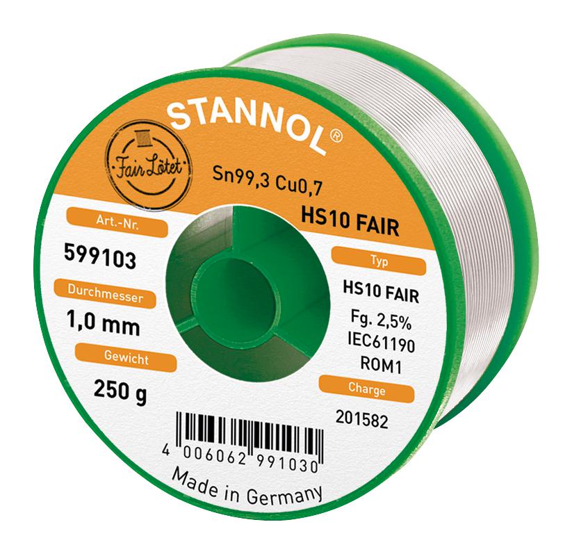 HS10 FAIR, 1.0MM, 250G SOLDER WIRE, 99.3/0.7 SN/CU, 250G STANNOL