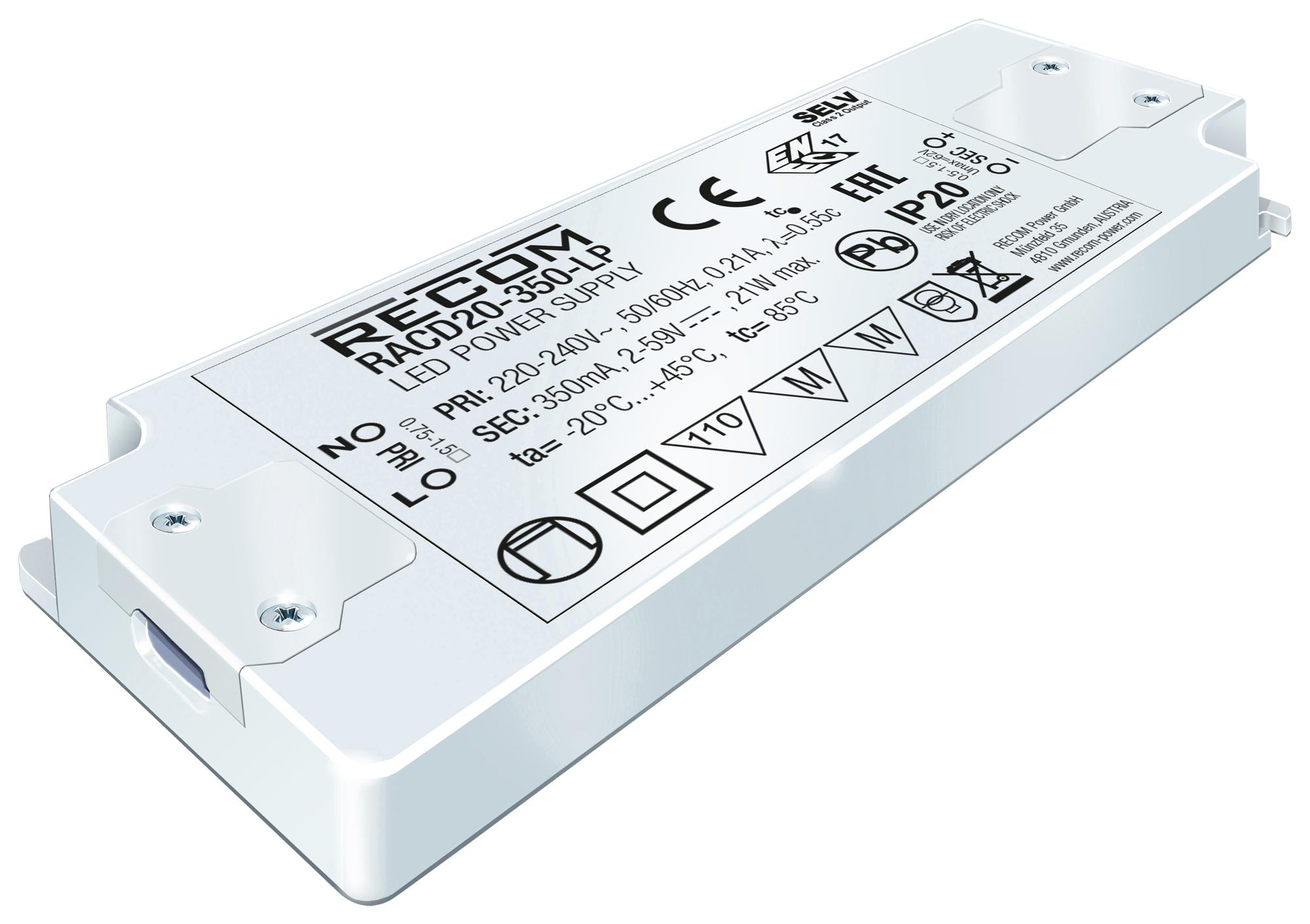 RACD20-500-LP LED DRIVER, SINGLE O/P, CC MODE, 20W RECOM POWER