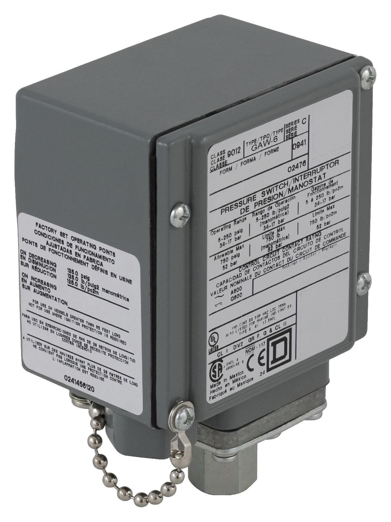 9012GAW2 PRESSURE SWITCH, SPDT, 40PSI, 125V SCHNEIDER ELECTRIC