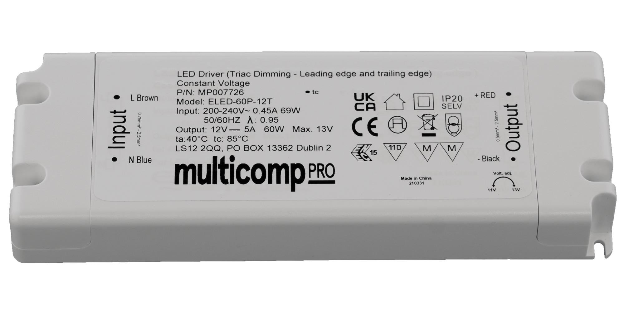 MP007727 LED DRIVER, CONSTANT VOLTAGE, 60W MULTICOMP PRO