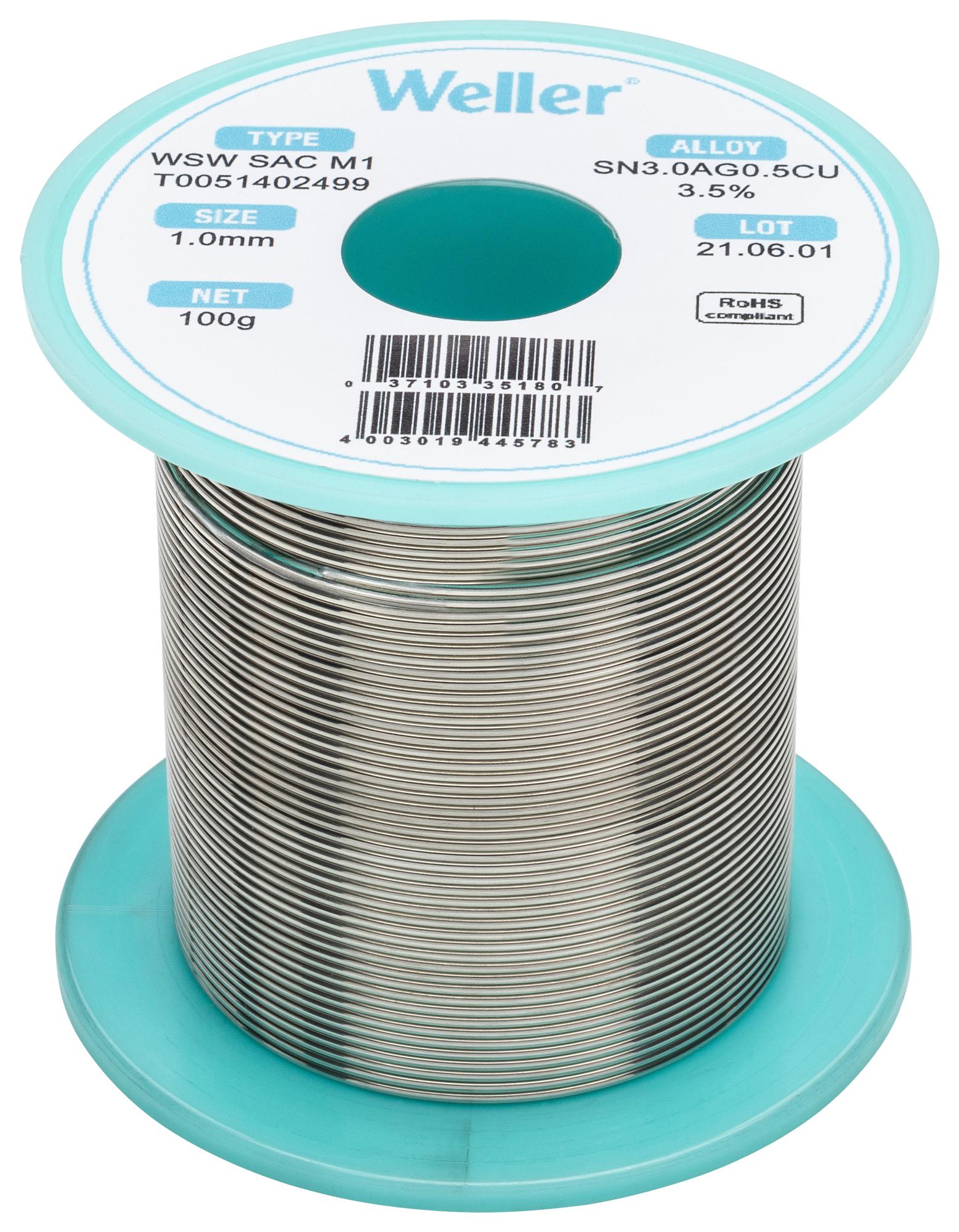 T0051386570 SOLDER WIRE, 96.5/3/0.5 SN/AG/CU, 10G WELLER