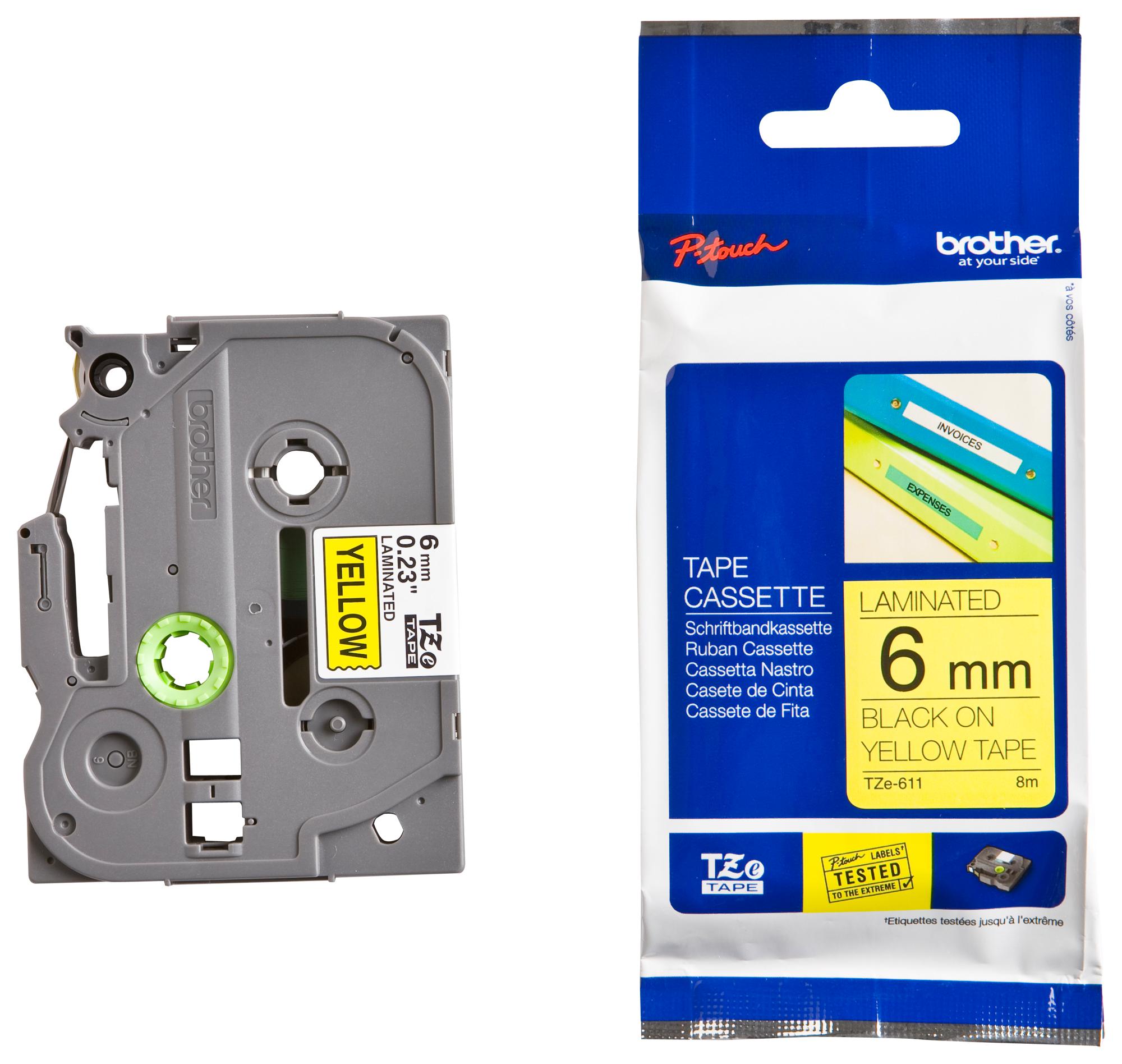 TZE-611 TAPE, BLACK ON YELLOW, 6MM W, 8M L BROTHER