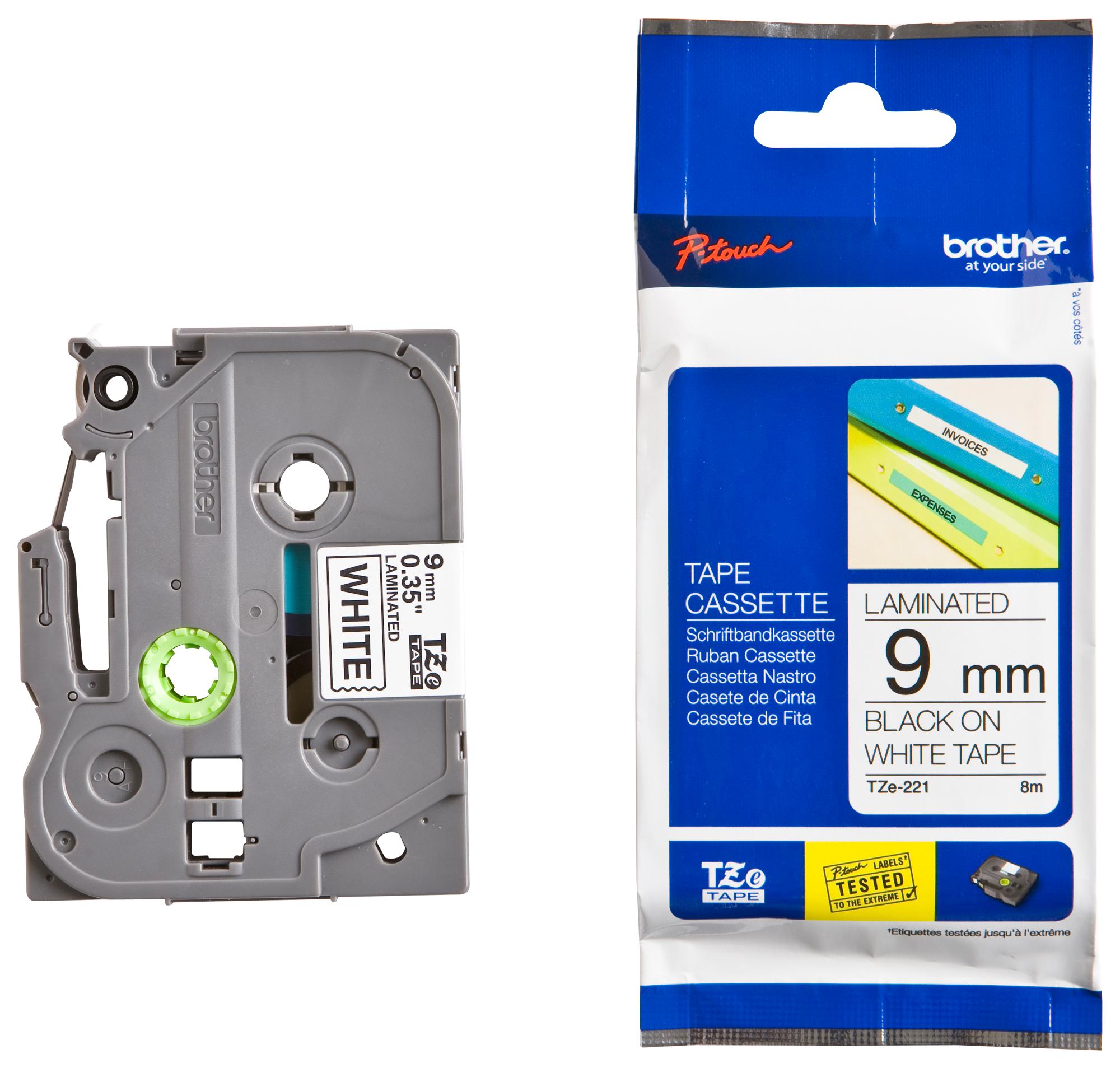 TZE-221 TAPE, BLACK ON WHITE, 9MM W, 8M L BROTHER