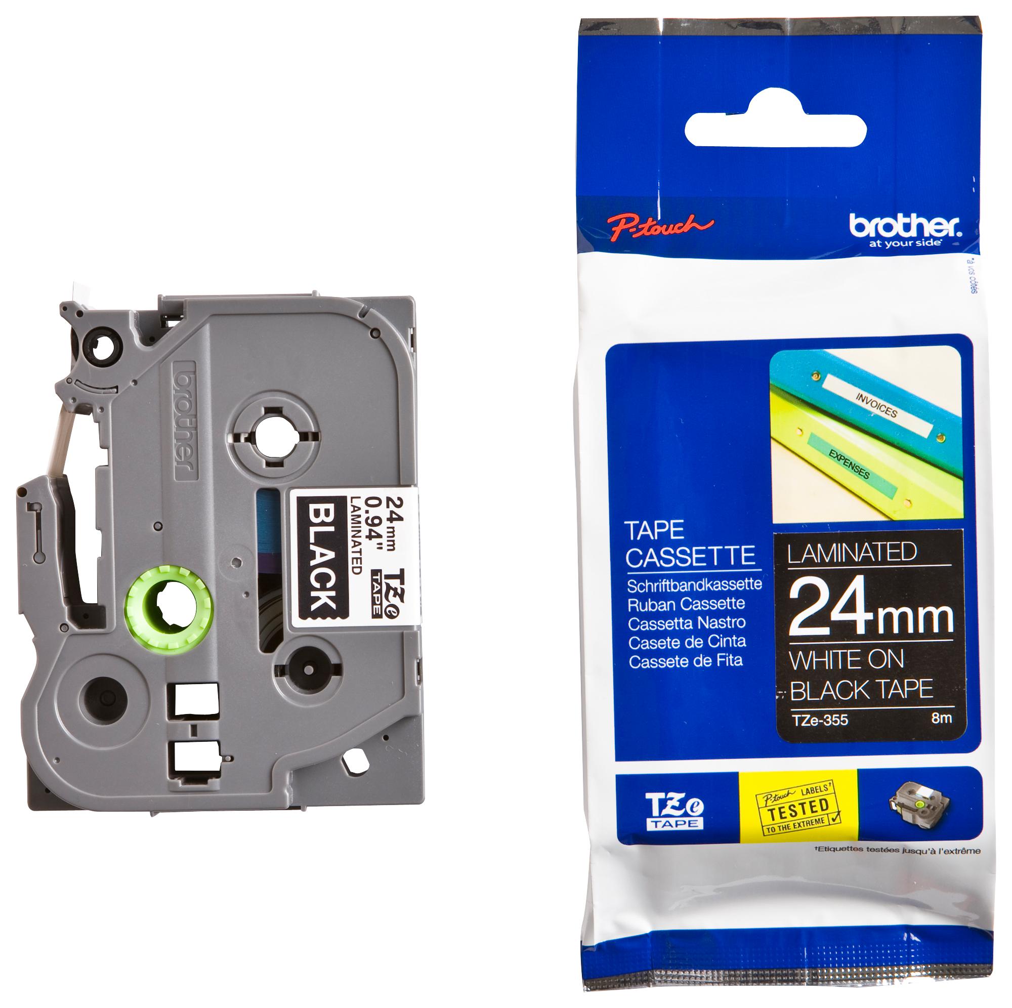 TZE-355 TAPE, WHITE ON BLACK, 24MM W, 8M L BROTHER