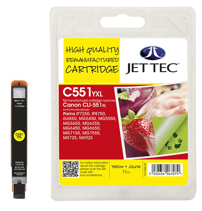 101C055139 INK CART, REMAN, CANON CLI-551XL YELLOW JET TEC