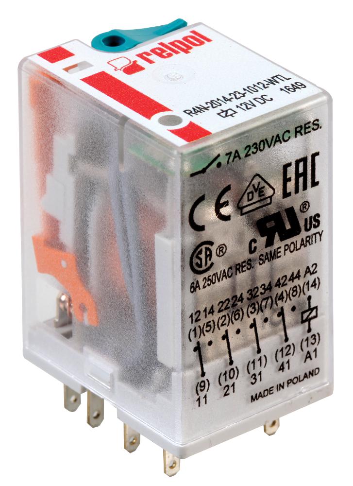 R4N-2014-23-1012-WTL 14-PIN INDUSTRIAL RELAY, 7A, 4PCO, 12VDC RELPOL