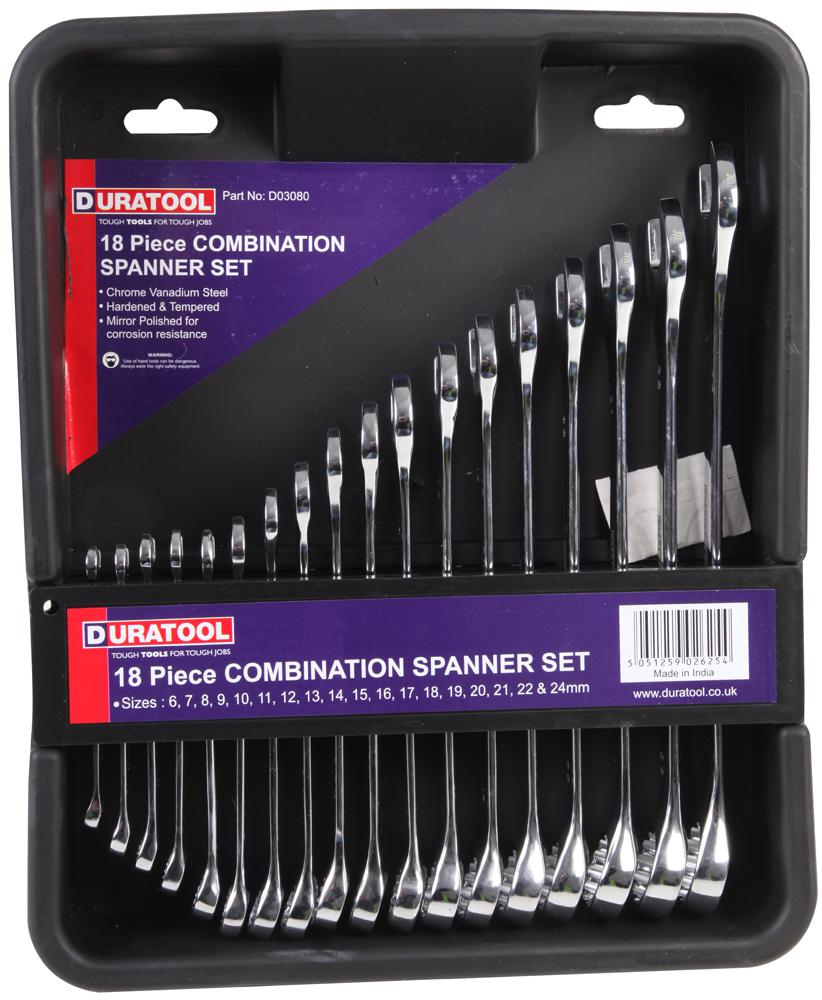 D03080 COMBINATION SPANNER SET, 18PIECE, 6-24MM DURATOOL