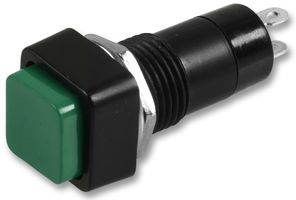 MCPS23B-6 - Pushbutton Switch, 12 mm, SPST, (On)-Off, Square Raised, Green - MULTICOMP PRO