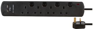 8418SU Blk Extension Lead 4 Gang With USB Black 2m Pro Elec