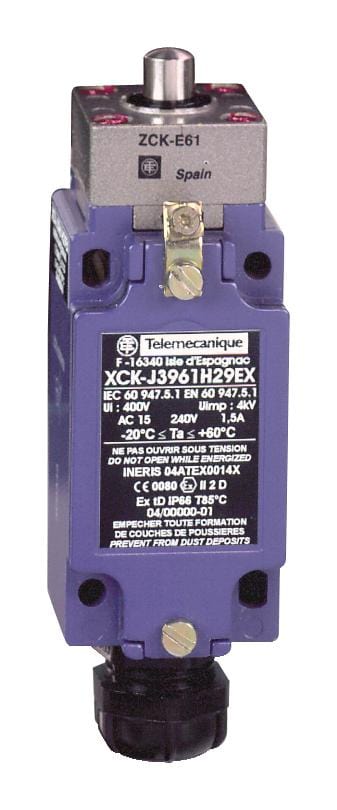 SCHNEIDER ELECTRIC Limit Switch XCKJ3961H29EX LIMIT SW, PLUNGER, DPST-NC/SPST-NO, 1.5A SCHNEIDER ELECTRIC 3107689 XCKJ3961H29EX